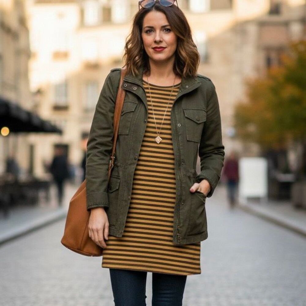 Toad&Co Mustard Brown Striped Tunic Dress L Tencel Organic Cotton